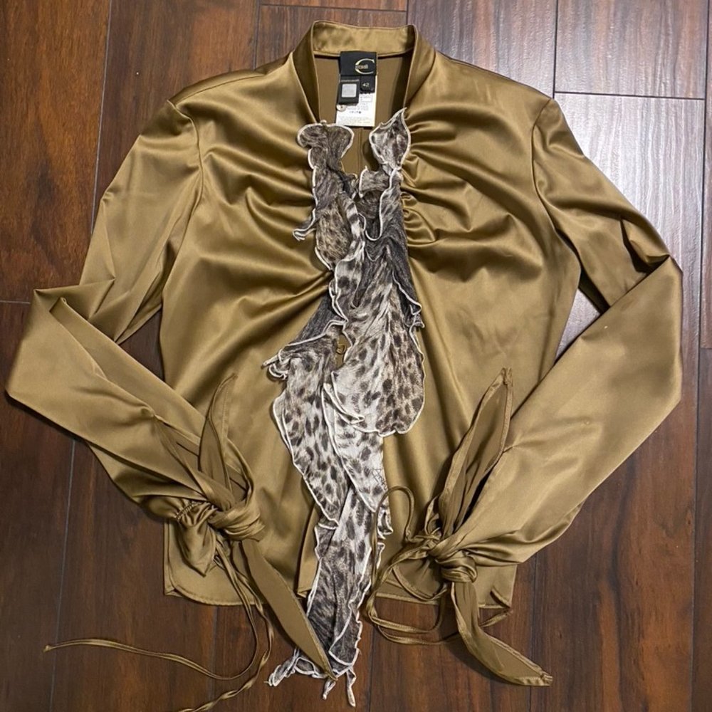 Just Cavalli Leopard Print Chiffon Ruffle Collar
